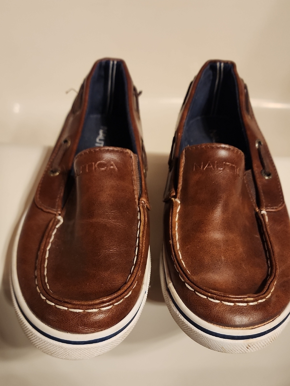 Nautica Boy’s Brown Leather Slip-On Boat Shoes with White Sole